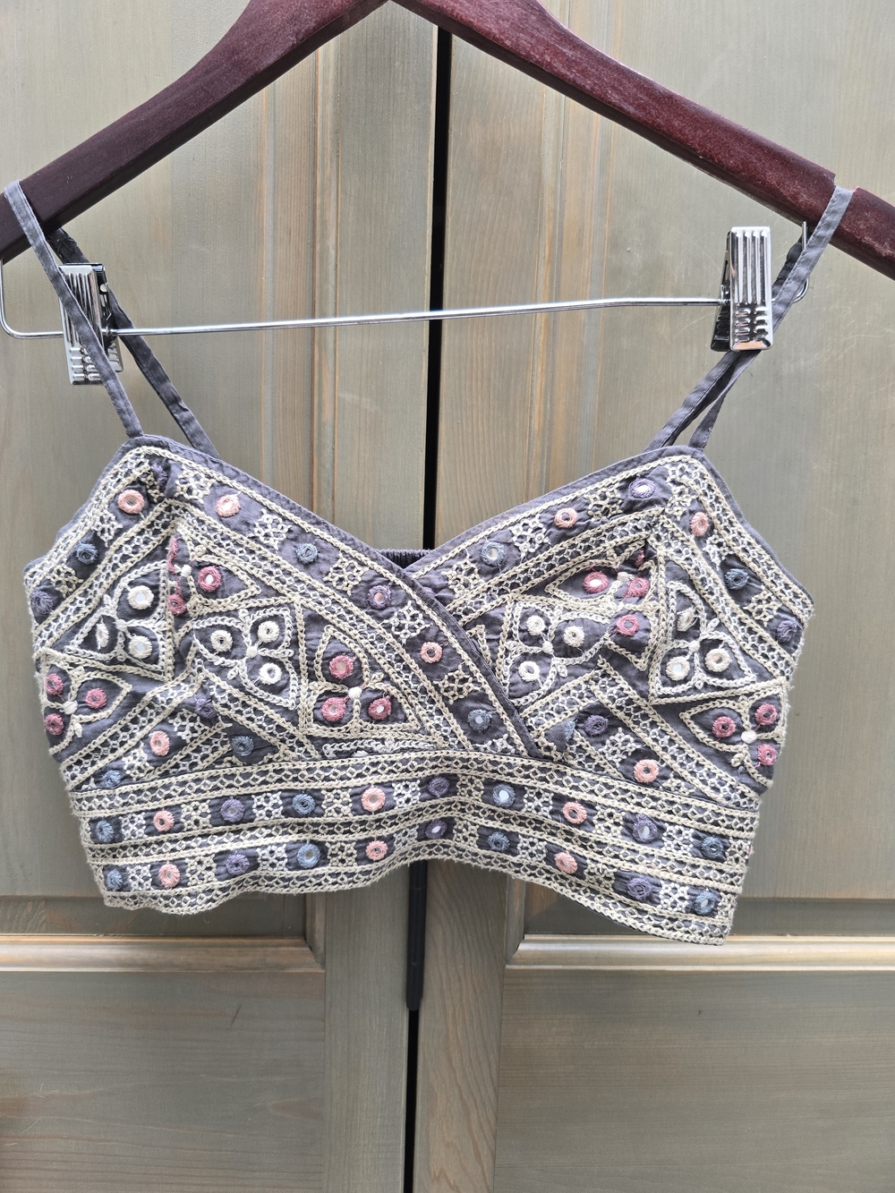 American Eagle Outfitters Embroidered Cropped Bralette in Gray with Pink Accents